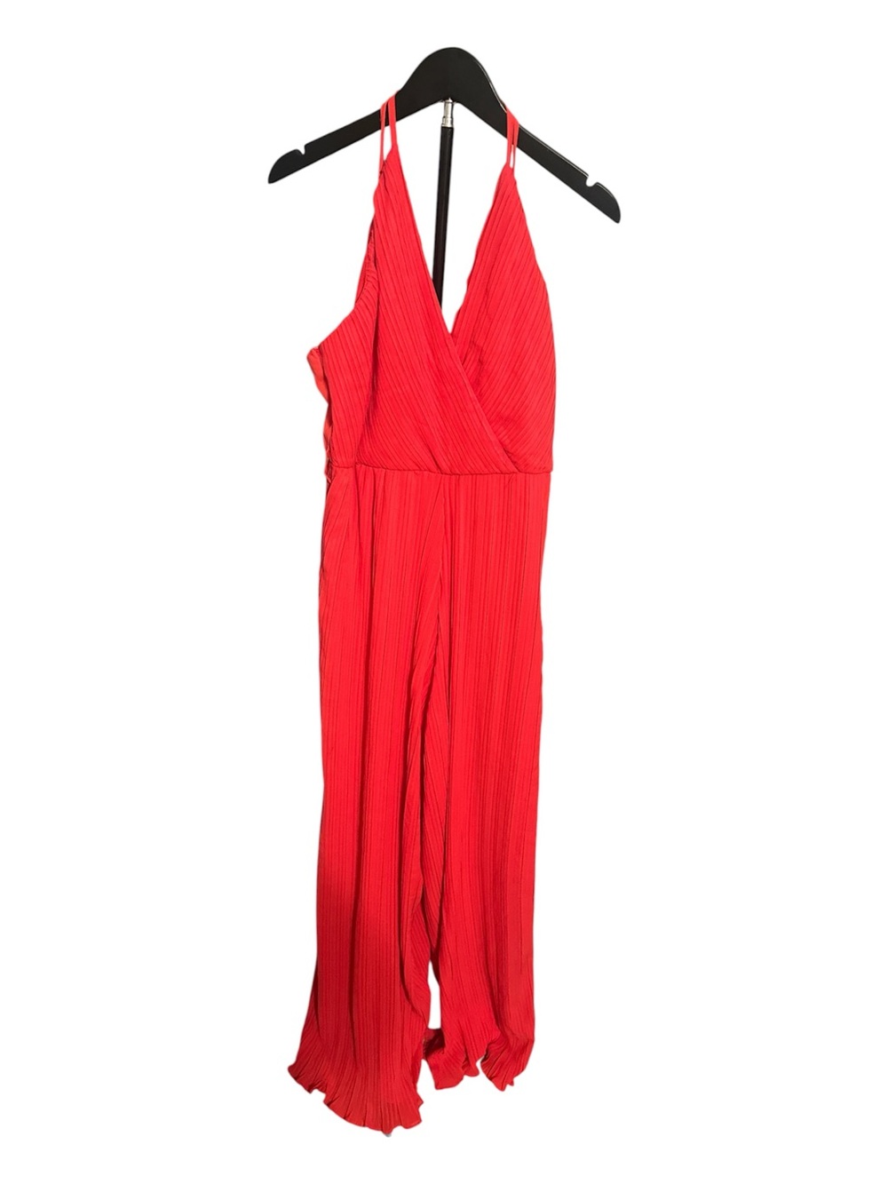 Red Pleated V-Neck Jumpsuit with Spaghetti Straps